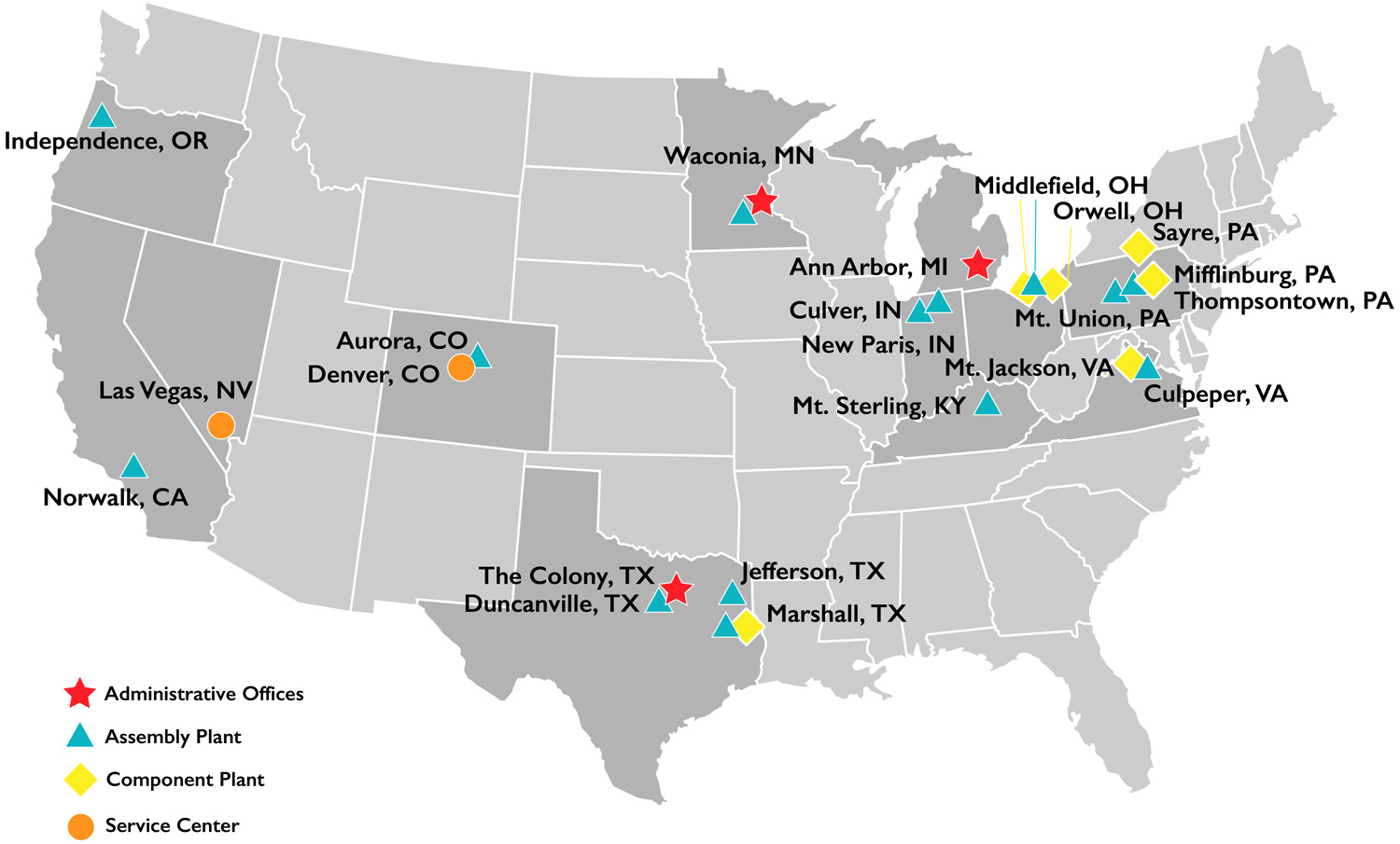 Map of USA with Cabinetworks Group facility locations