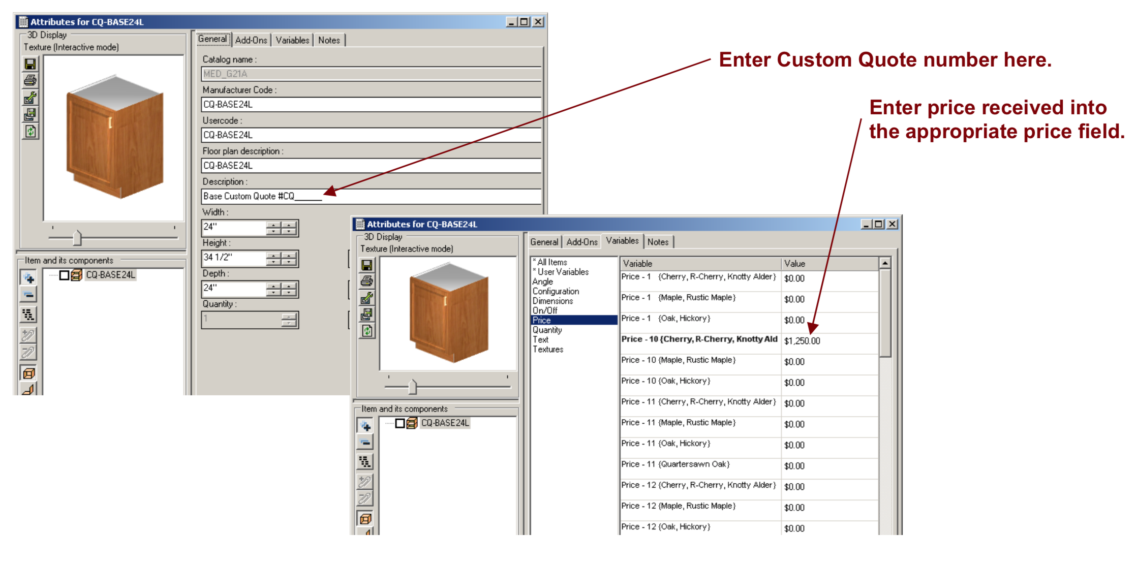 Screen shot of 2020 showing where to enter Custom Quote numbers